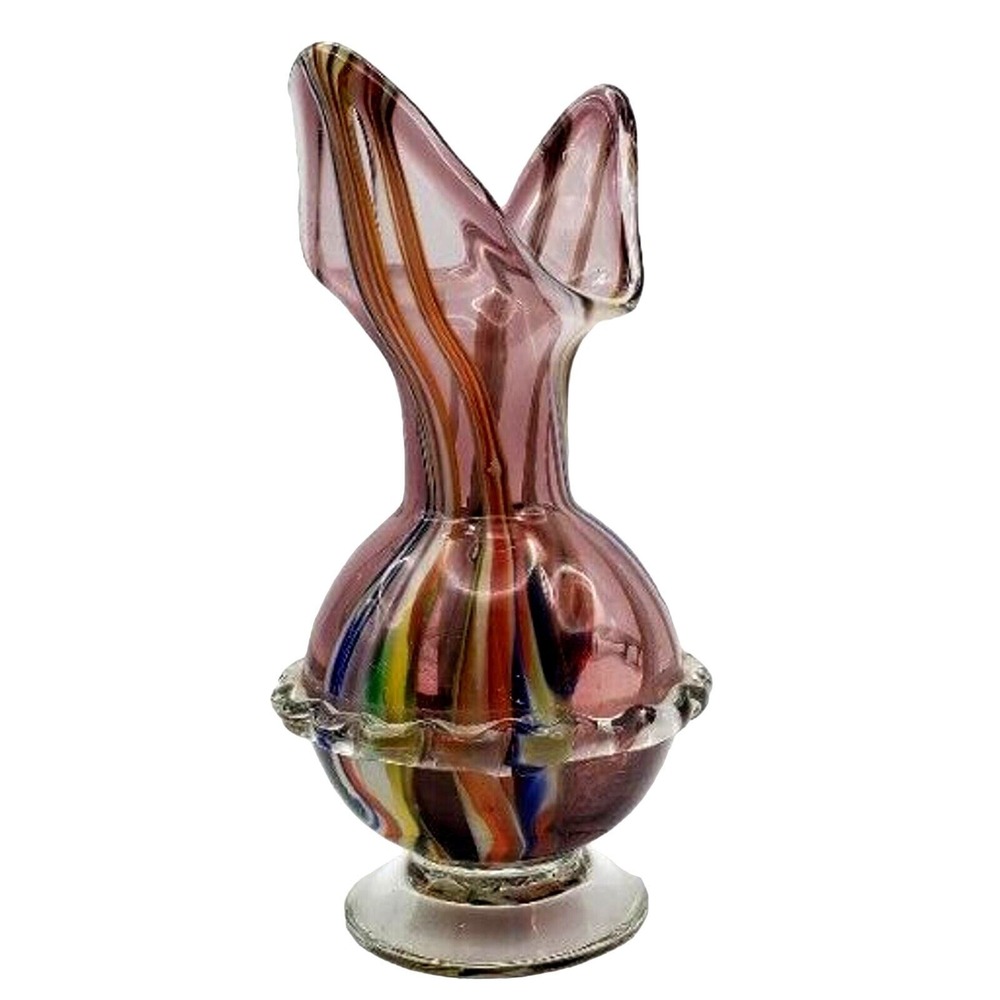 Lead Crystal Multicolor Striped Art Glass Vase Ruffled Rainbow Ribbon Statement